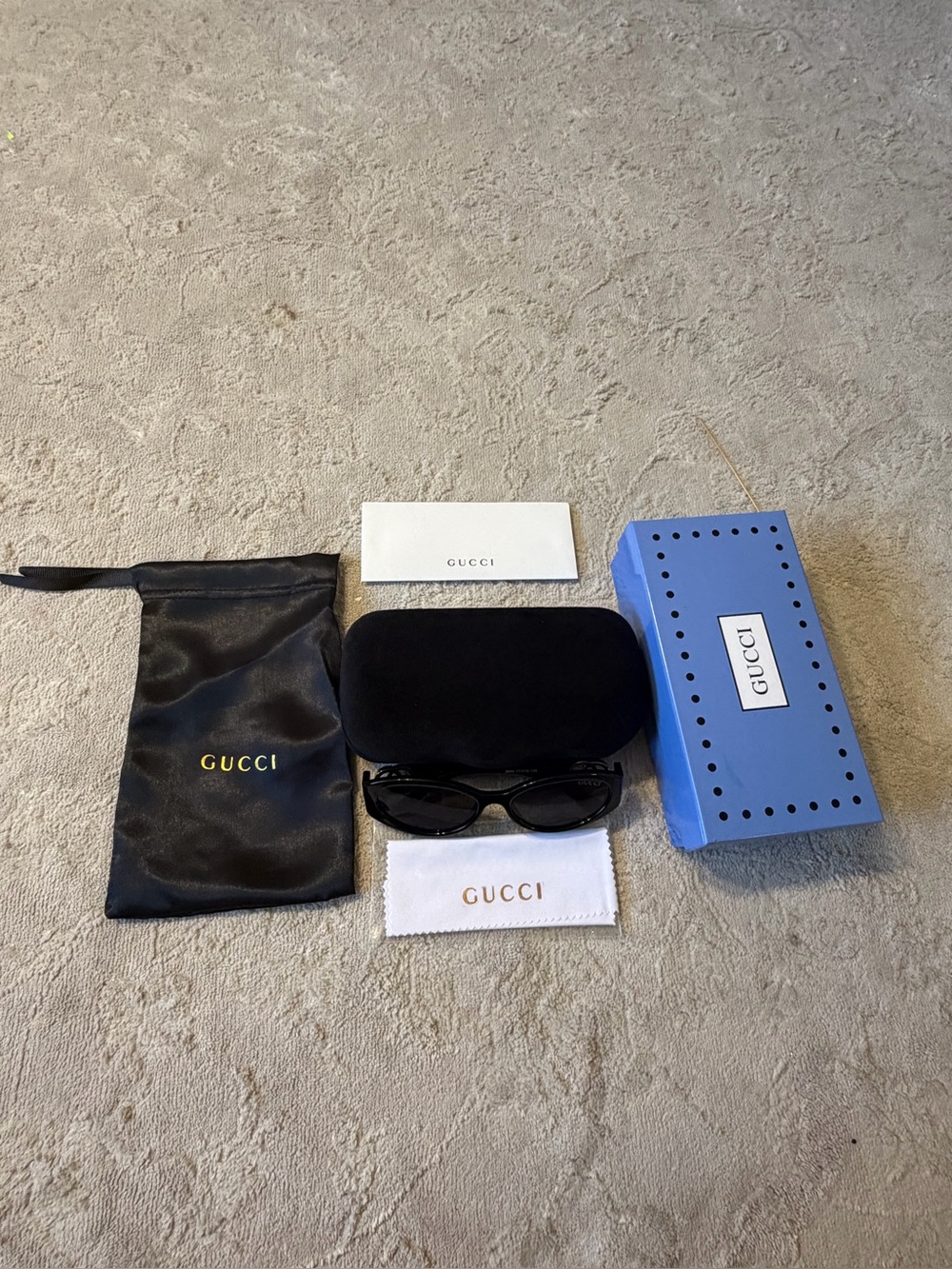 Gucci Black Cat-Eye Sunglasses with Blue Box and Black Accessories